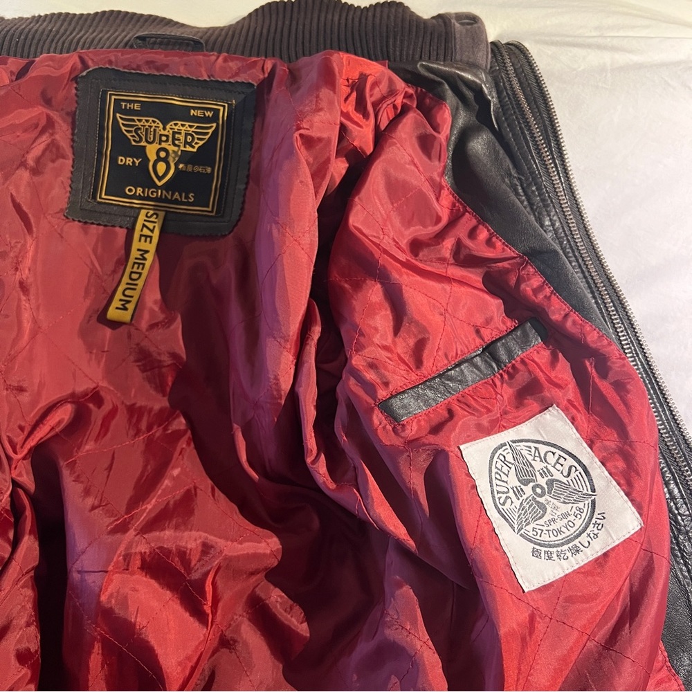 Superdry Men's Brown Leather Hooded Jacket with Red Lining - Picture 4 of 8